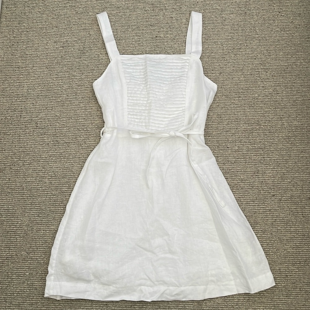 Posse White Linen Mini Dress with Ribbing